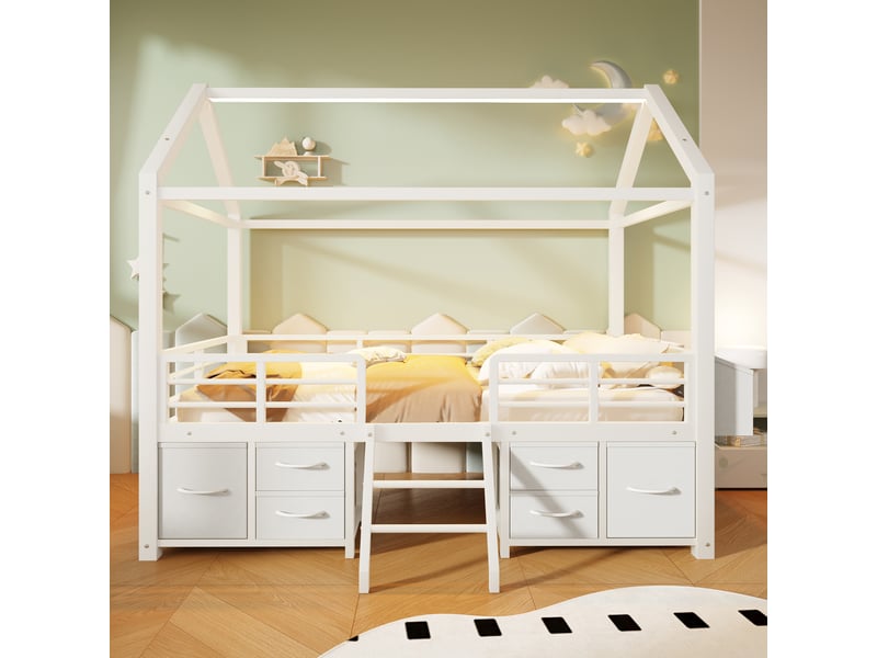  Lit mezzanine enfant 90x200cm avec toit de cabane et led, lit surélevé avec plusieurs tiroirs en tissu et rangement au pied, structure en métal, blanc Seren Glow - Conforama E
