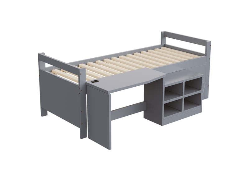  Lit enfant avec bureau et rangements, bois gris, 90x200 cm, prises européennes intégrées  - Conforama D