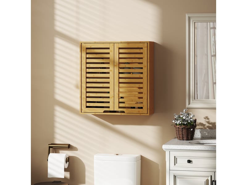  Armoire de salle de bain murale en bambou, portes persiennes, étagère réglable, 60 x 20 x 60 cm  - Conforama C