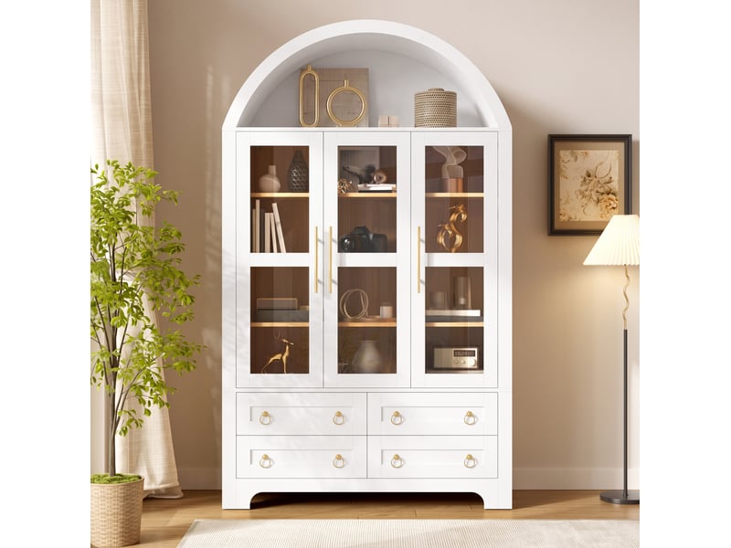  Buffet 110x40x185 cm avec 3 portes vitrées et 4 tiroirs blanc  - Conforama D