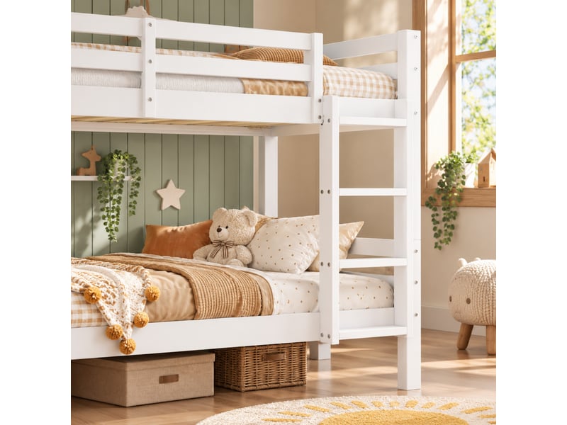  Lit superposé enfant 90 x 200 cm en pin, séparable en 2 lits simples, barrière de sécurité, échelle 3 marches, blanc  - Conforama D