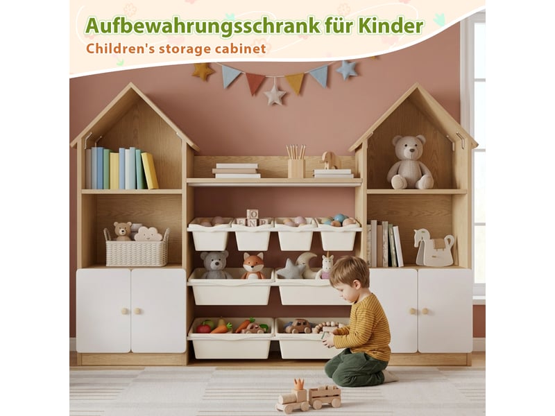  Meuble de rangement enfant - rangements intégrés - organisation des jouets - rangement chambre - hauteur enfant - blanc et naturel CozyNest - Conforama E
