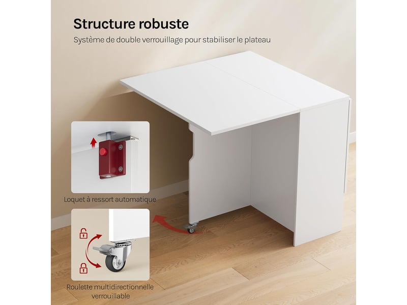 Table de salle à manger pliante, 3 formes possibles, en bois d'ingénierie, à roulettes avec freins, blanc - Conforama E