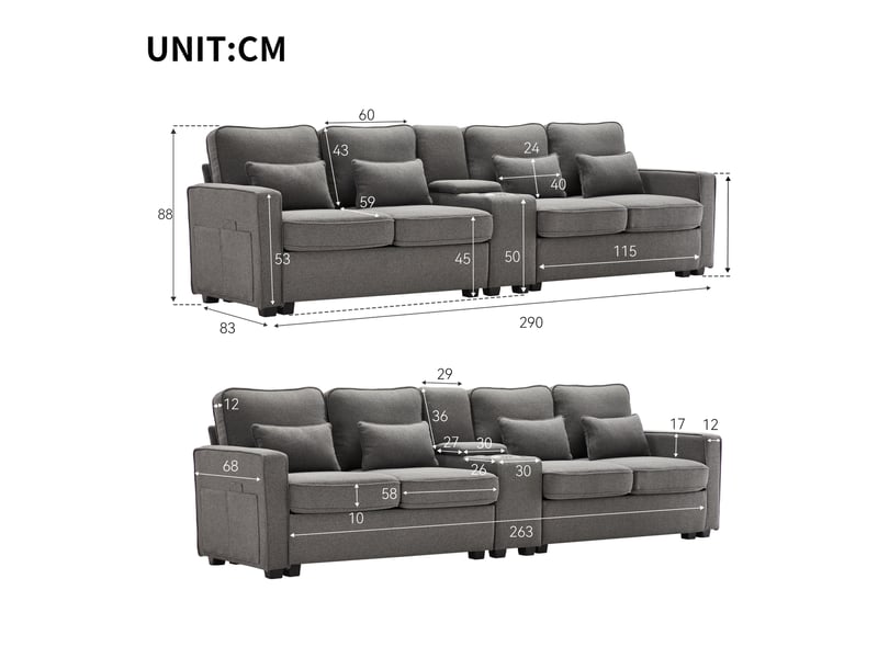  Canapé 4 places 290x83x88 cm avec console usb gris foncé  - Conforama E
