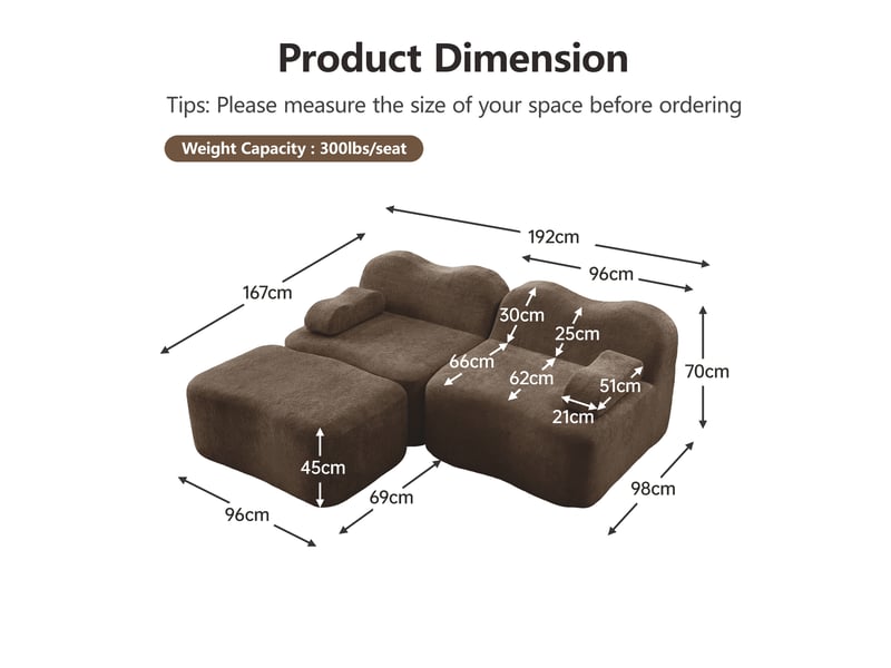  Canapé d'angle modulaire 2 places en l brun – forme ondulée, repose-bras mobile, ottoman, sans montage  - Conforama C