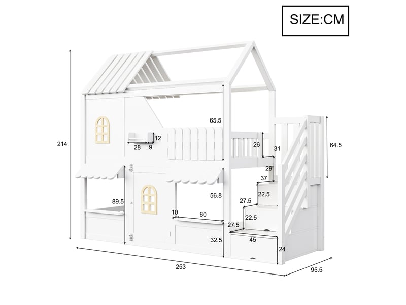 Lit superposé cabane 90x200 cm, lit enfant maison avec toit, led, échelle avec rangement et étagères, bois blanc Radiant Stride - Conforama C