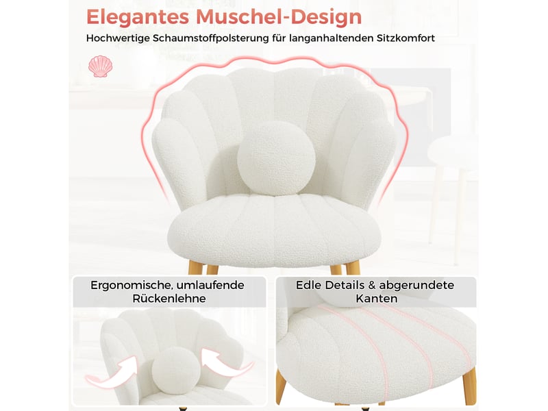  Lot de 6 chaises de salle à manger 60x62,5x83 cm en tissu bouclé blanc, pieds dorés  - Conforama D