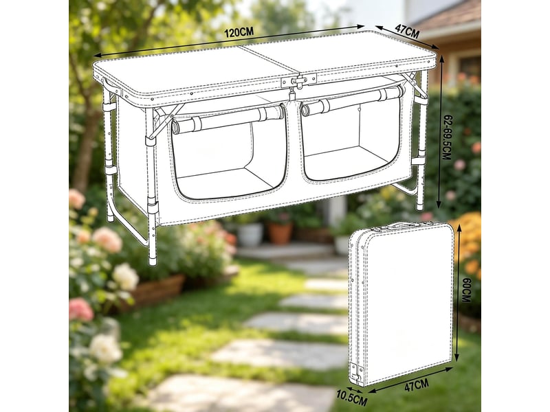 Table de jardin bistrot pliante avec sac suspendu et pieds réglables pour camping, en aluminium et mdf, noir et gris - Conforama E