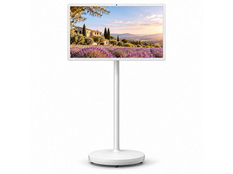 Écran tactile connecté 31,5 pouces sur support tv sur pied avec roulettes, android 15 fhd pivotant avec batterie, blanc - Conforama A
