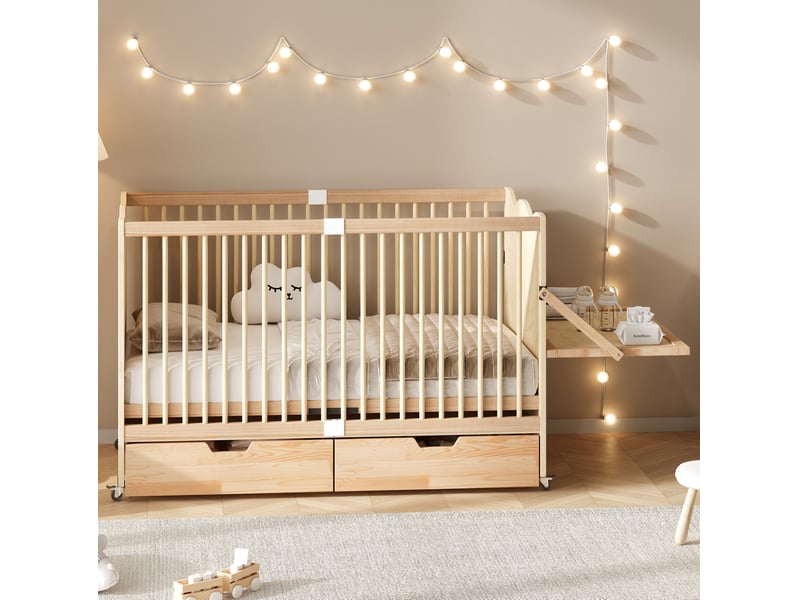 Lit bébé mobile 70x140 cm, 4 hauteurs 2 tiroirs, table à langer, bois de pin naturel sans matelas - Conforama B
