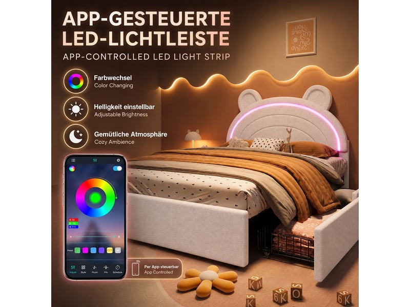  Lit avec tiroirs 140 x 200 cm éclairage led piloté par application lit double quatre tiroirs sur les deux côtés dossier à motif ours revêtement rembourré beige charge maximale de 220 kg  - Conforama D