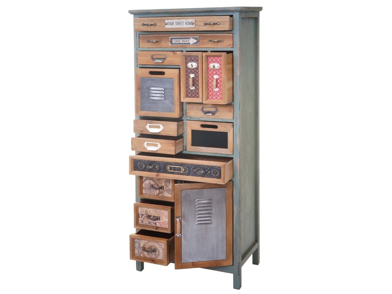 Meuble style apothicaire 138 x 57 x 32 cm commode vintage 14 tiroirs et 1 compartiment en bois de sapin massif et mdf aspect vieilli 04_0011126 - Conforama A