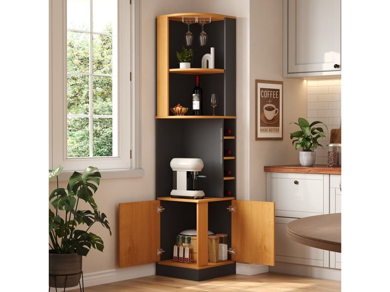  Armoire à vin d'angle noire 40x40x182cm, meuble bar avec porte-verres et étagères, meuble de rangement cuisine gain de place  - Conforama E