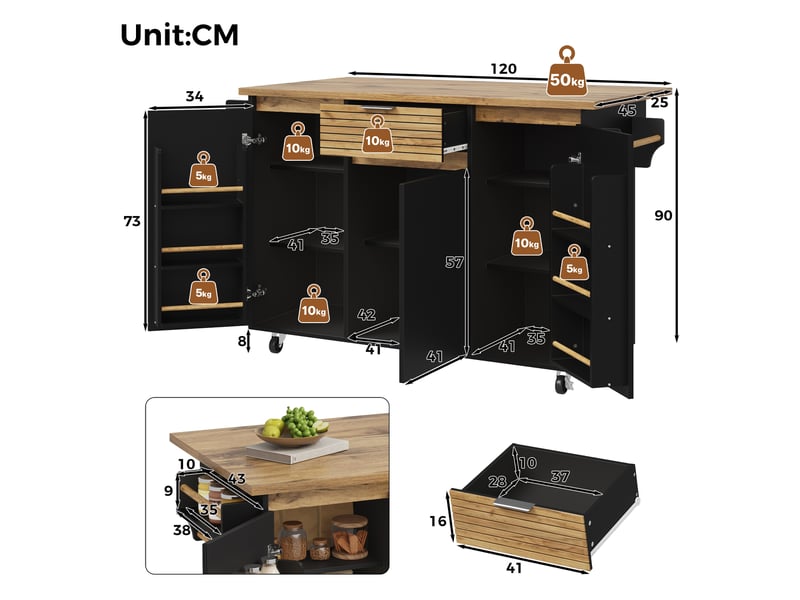  Îlot de cuisine mobile avec plateau rabattable, meuble sur roulettes verrouillables 120 x 70 x 90 cm  - Conforama E