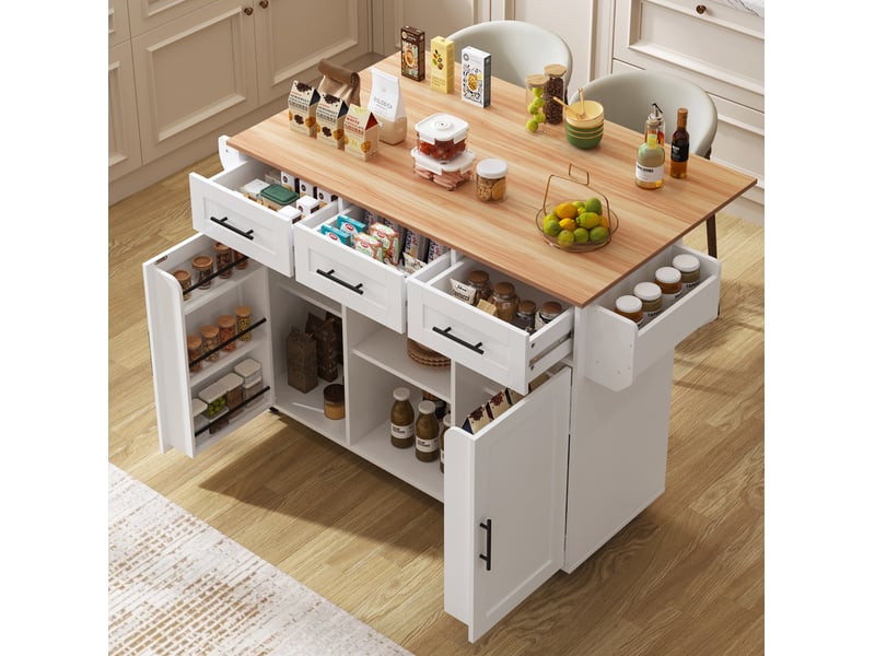 Desserte de cuisine 139x46 cm blanche avec plateau pliant, rangement et roulettes - Conforama E