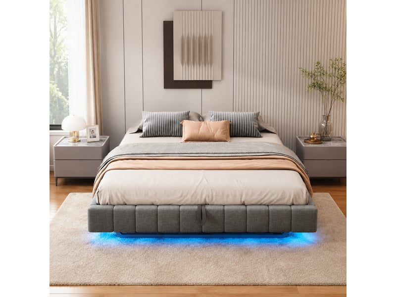  Lit rembourré tcqpz 180 x 200 cm avec rangement hydraulique sans tête de lit led gris  - Conforama B