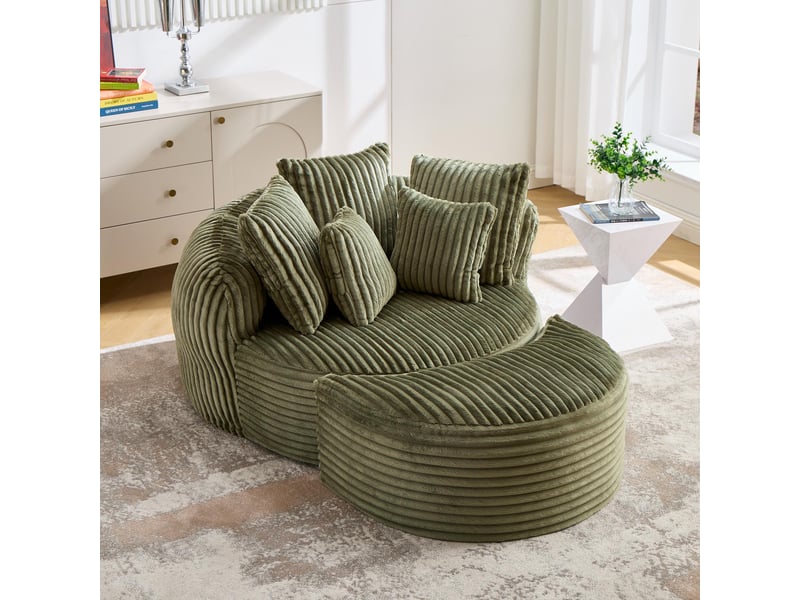  Fauteuil rond avec pouf - 168x123x63 cm - canapé lit lounge velours côtelé avec 5 coussins sans structure rigide - vert  - Conforama B