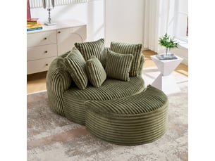 Fauteuil rond avec pouf - 168x123x63 cm - canapé lit lounge velours côtelé avec 5 coussins sans structure rigide - vert