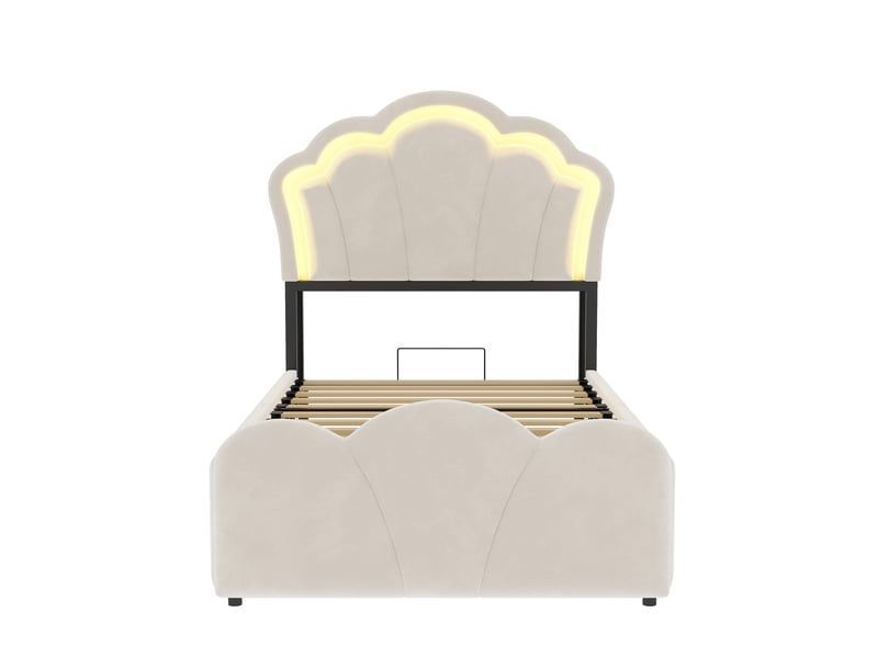 Lit coffre 90x200 cm - lit 1 place avec rangement hydraulique, tête de lit avec rangements, led et prises - velours - beige - Conforama R