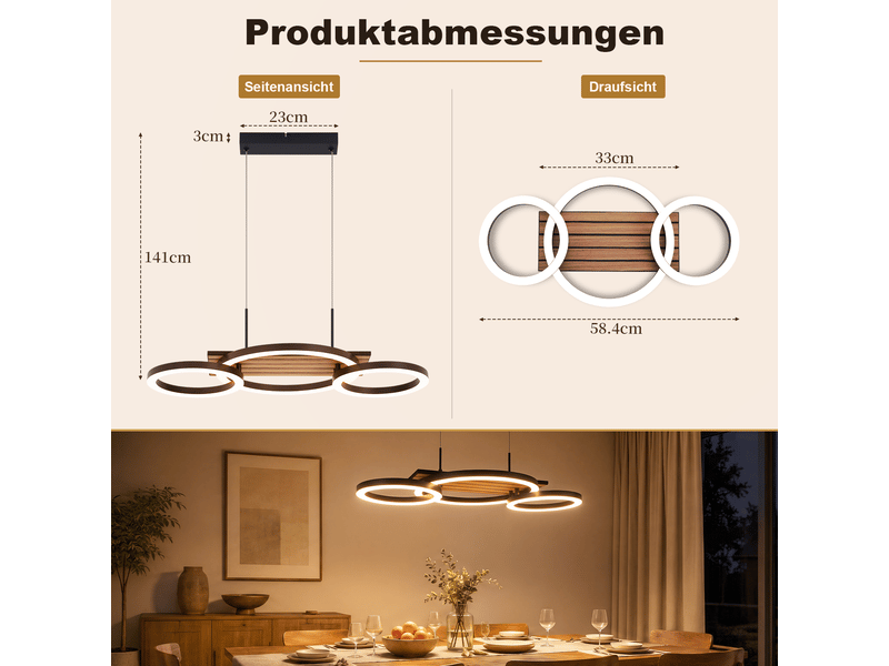  Zmh suspension led noir 58 cm 21 w suspension bois design 3 anneaux suspendue blanc chaud pour cuisine  - Conforama E