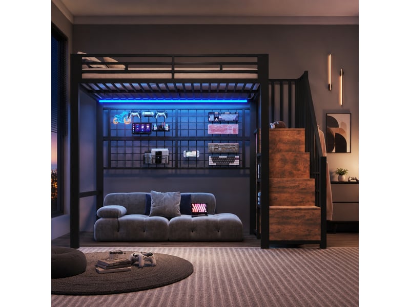  Lit mezzanine 90 x 200 cm en métal avec armoire, escalier de rangement et led noir  - Conforama B
