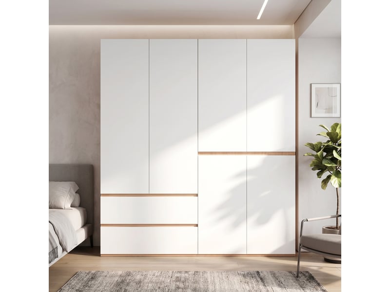 Armoire 6 portes battantes avec 2 tringles et 5 tiroirs, pour chambre, en mdf, blanc et chêne, 180 × 50 × 200 cm  - Conforama C