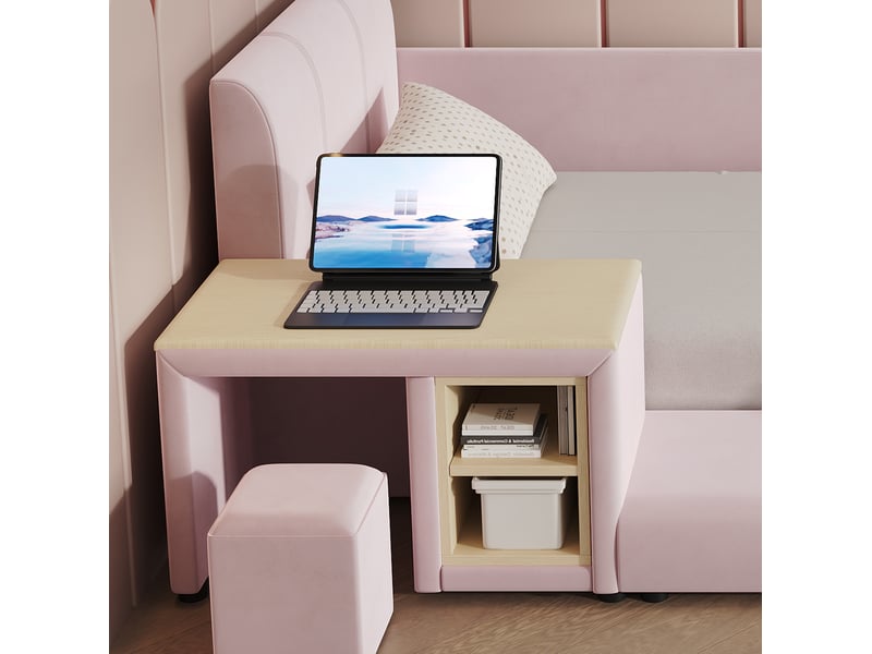  Lit enfant, 90x200 cm, lattes, tablette de rangement, tabouret, avec bureau, matelas non inclus, bois, coloris rose  - Conforama E