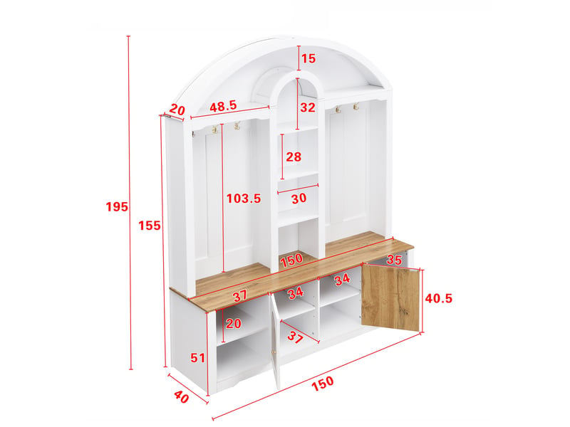  Vestiaire d'entrée, meuble de rangement avec porte-manteau et étagère à chaussures, mdf style scandinave 150x40x195 cm avec ruban led, blanc et bois  - Conforama E