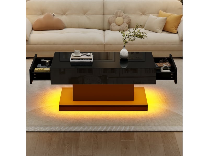  Table basse 100 x 50 x 45 cm avec 2 tiroirs, led à contrôle par application, noir cravdom  - Conforama D