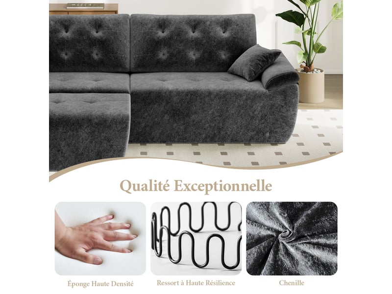  Canapé modulable en chenille gris mousse haute densité avec pouf,canapé salon 275cm style nuage confortable,compressé sans montage 275x174x66CM - Conforama C