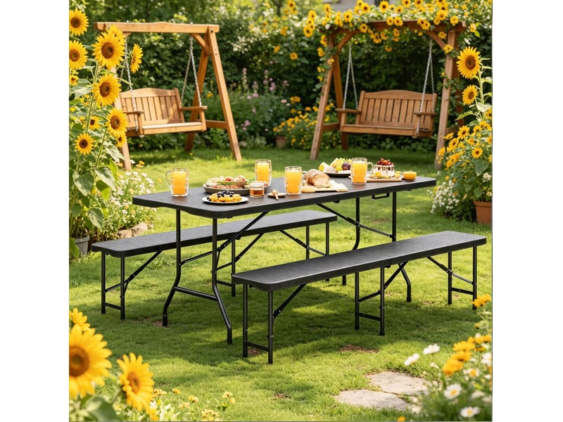  Ensemble de jardin pliable noir, table 180 x 70 x 74 cm et 2 bancs en hdpe  - Conforama E