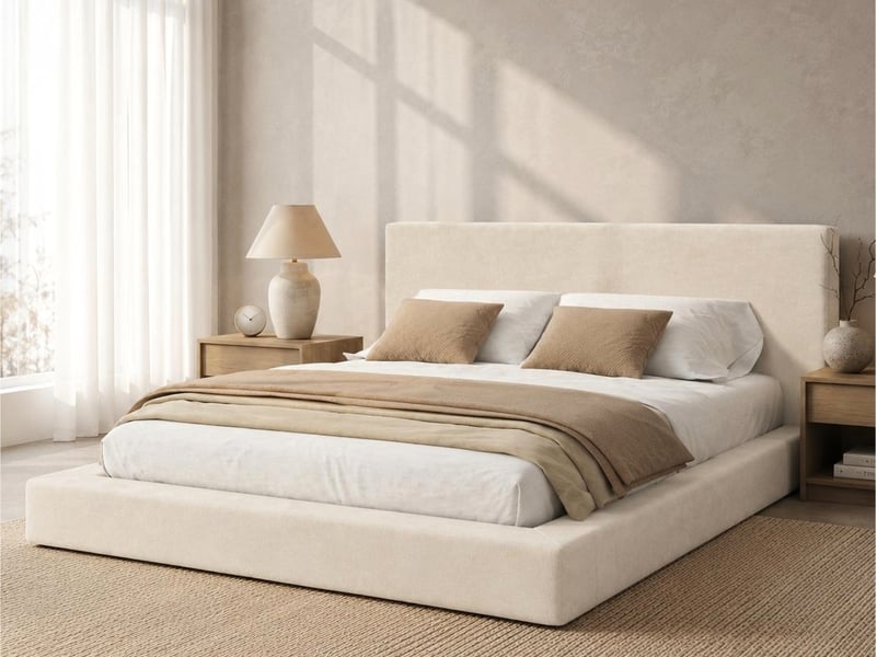  Lit rembourré, lit double 180 x 200cm avec sommier à lattes, tête de lit rembourrée, chenille beige  - Conforama B