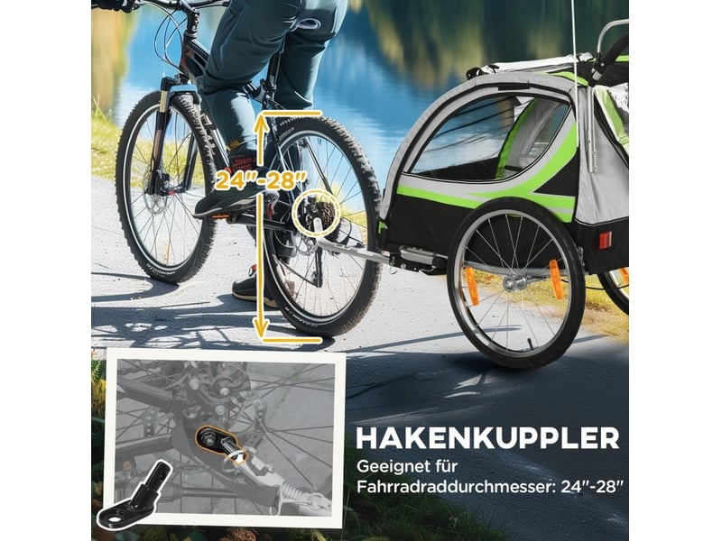  Remorque vélo enfant 2 places 142 x 75 x 101 cm verte polyester, fonction poussette et frein arrière  - Conforama E