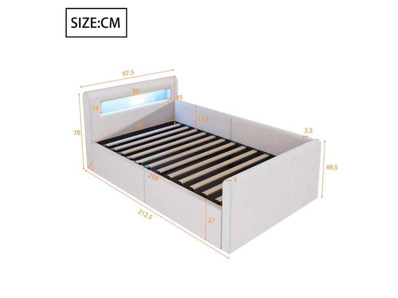 Lit coffre enfant 90x200 cm, led, port usb, espace de rangement, sommier, velours beige, sans matelas - Conforama C