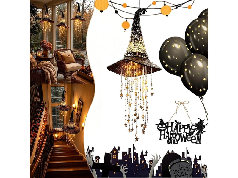  1 pièce décoration halloween suspendue, chapeau de sorcière lumineux led en maille noire avec étoiles pour porche et jardin  - Conforama A