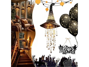 1 pièce décoration halloween suspendue, chapeau de sorcière lumineux led en maille noire avec étoiles pour porche et jardin