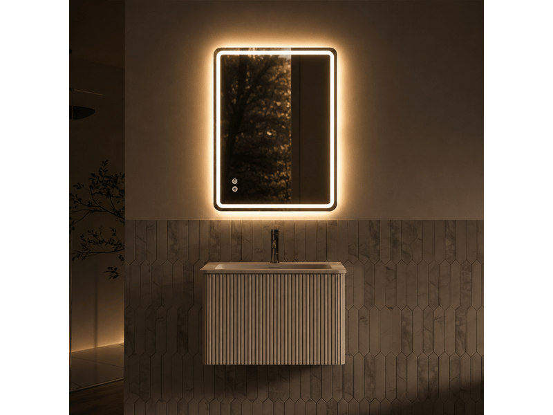  Ensemble meuble vasque 60 cm suspendu avec miroir led 60 x 80 cm antibuée et tiroir  - Conforama D