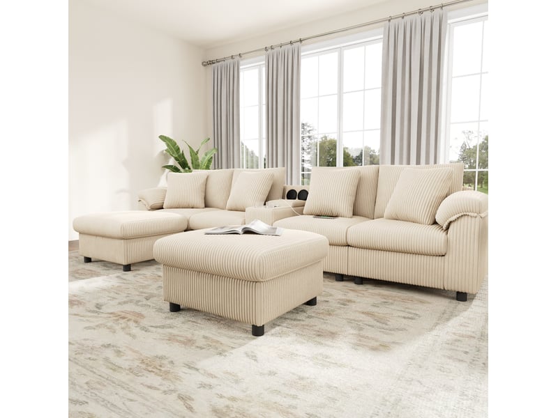  Canapé droit 315,5x144x84,5cm 4 places, 2 poufs inclus, console multimédia bluetooth, revêtement velours côtelé, beige  - Conforama D