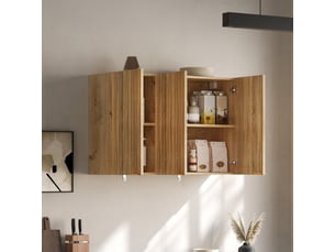 Armoire murale de cuisine avec 3 portes, rangement fermé, façade ondulée et fixation murale, mdf naturel, 90×29×60 cm