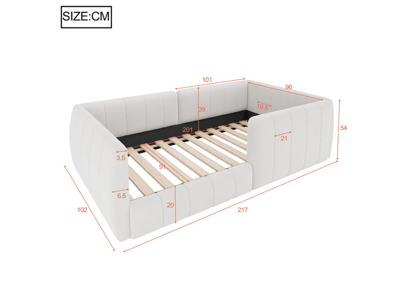  Lit banquette enfant 90 × 200 cm, capitonné avec barrières, beige  - Conforama C