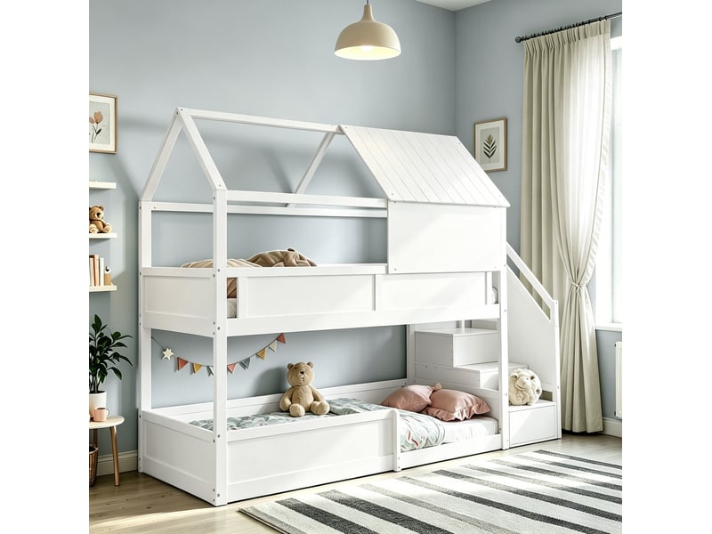 Lit superposé 2 couchages 80 × 200 cm en bois avec toit, barrières et escalier pour chambre d'enfant, blanc - Conforama D