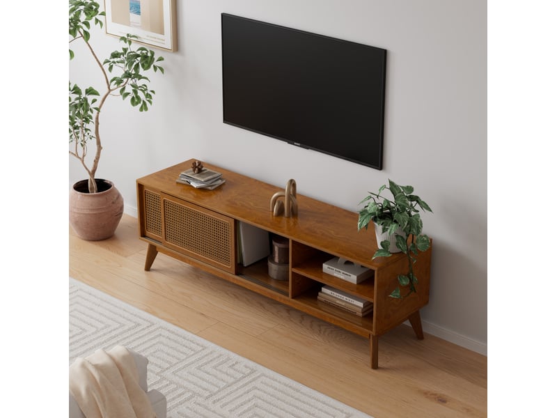  Meuble tv avec 2 portes coulissantes et 2 niches, pieds réglables, finition rotin pour salon en mdf noyer clair  - Conforama E