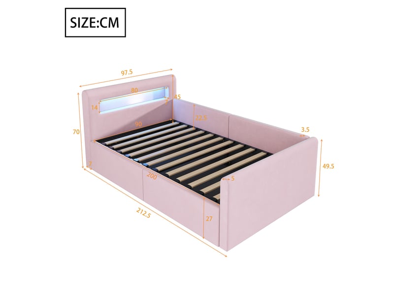  Lit enfant coffre 90 x 200 cm avec led, veilleuse, usb et rangement hydraulique, velours rose Fay Lum - Conforama C