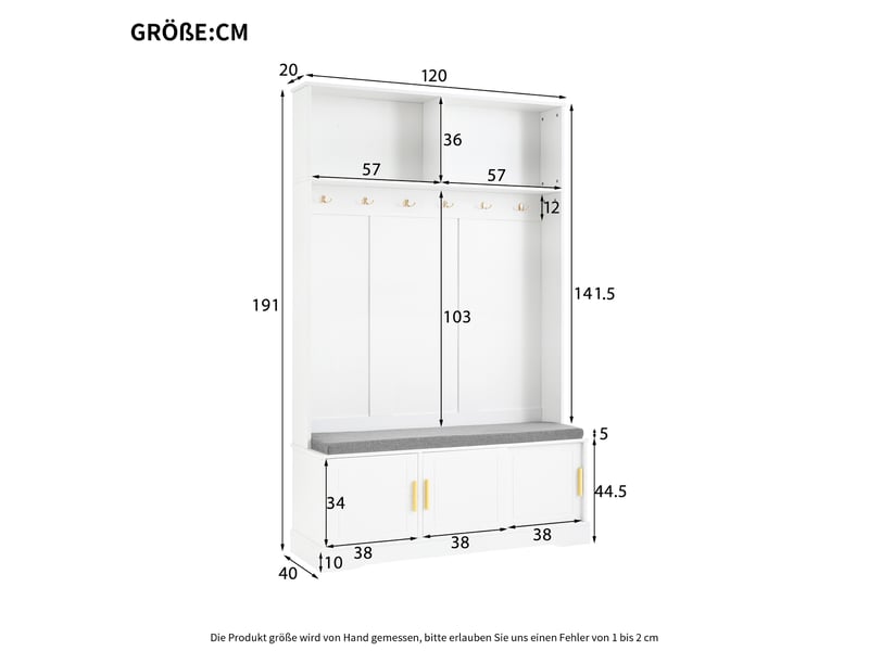  Vestiaire d’entrée blanc 120 × 40 × 191 cm, banc à chaussures, 6 patères triples  - Conforama C