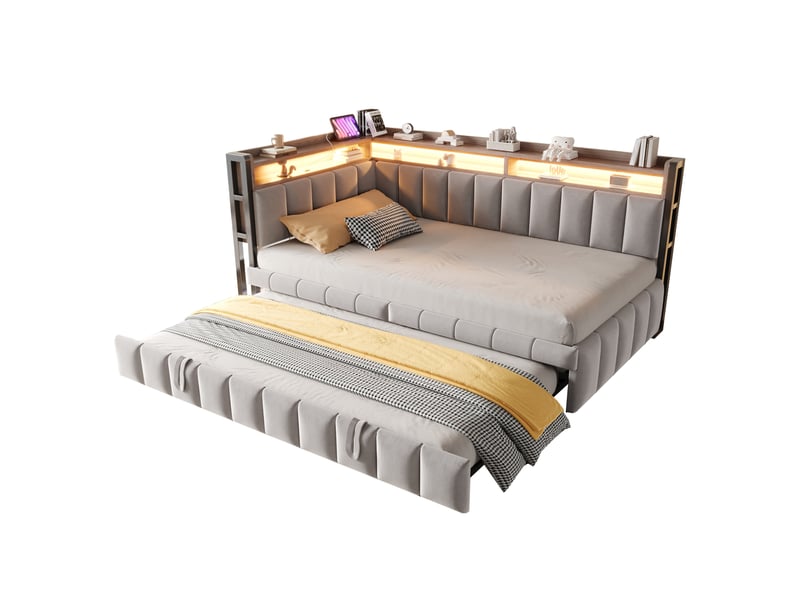 Canapé-lit 90x200 cm en velours gris clair avec lit gigogne, led réglable, rangements, usb et type-c, sans matelas - Conforama A