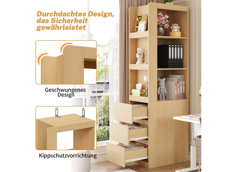  Bibliothèque haute 60x40x200 cm avec 3 niches ouvertes, 3 tiroirs, effet chêne evarich - Conforama E