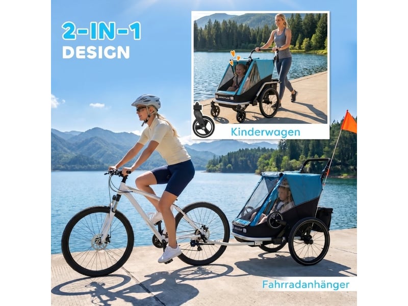  Remorque vélo enfant 2 places 148 x 83 x 102 cm bleue en aluminium, convertible en poussette  - Conforama E