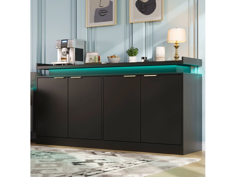  Buffet de cuisine led rgb avec 4 portes et rangements ouverts, en mdf noir, pour cuisine, 160 × 39 × 83 cm  - Conforama D
