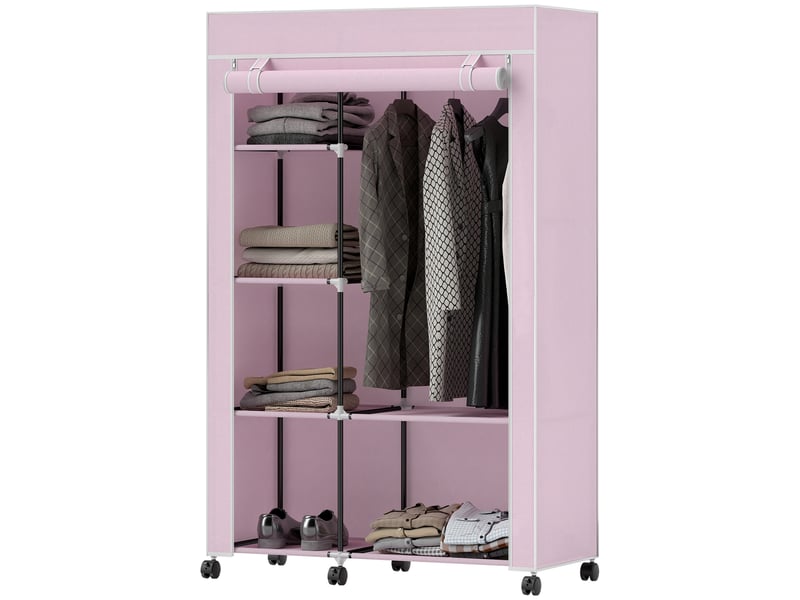  Armoire en tissu à roulettes, armoire portable avec 6 étagères et 1 tringle à vêtements pour la chambre, 103 x 43 x 162,5 cm, rose  - Conforama B
