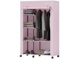 Armoire en tissu à roulettes, armoire portable avec 6 étagères et 1 tringle à vêtements pour la chambre, 103 x 43 x 162,5 cm, rose